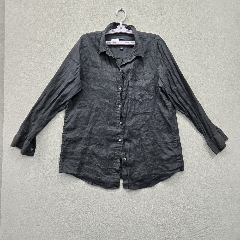GAP Women Button Up Shirt L Gray Linen Boyfriend Shirt Collared